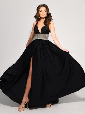 Black Halter Evening Gown with Sparkle Waistband